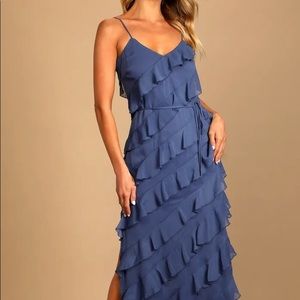 Lulu’s Love the Look Dusty Blue Tiered Ruffled Midi Dress